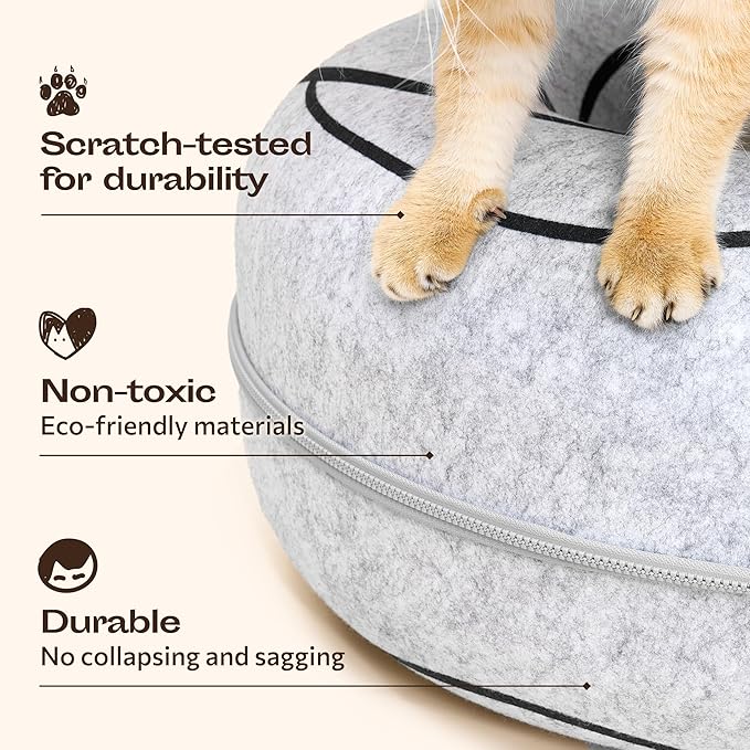Meowfia Hideout Peekaboo Cat Cave – Donut Tunnel Bed Enclosure for Indoor Cats – Multi-Cat Hideaway in Cute Patterns (Dark Grey)