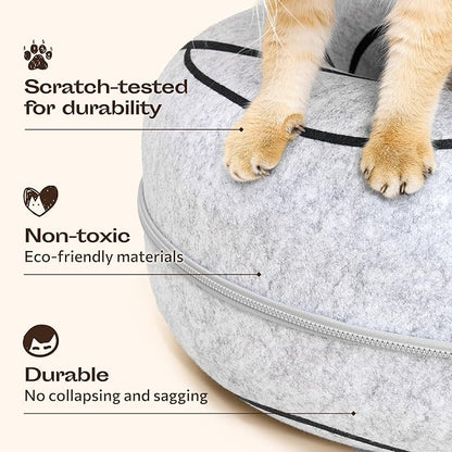 Meowfia Hideout Peekaboo Cat Cave – Donut Tunnel Bed Enclosure for Indoor Cats – Multi-Cat Hideaway in Cute Patterns (Dark Grey)