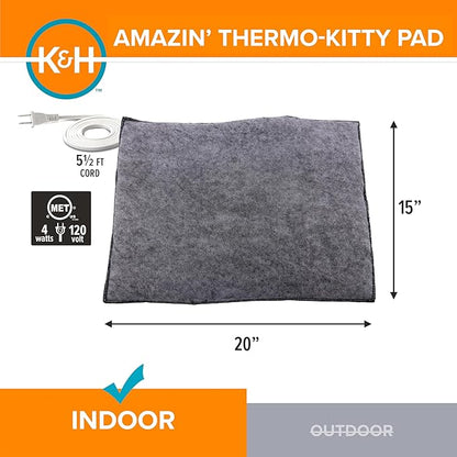 K&H Heated Cat Bed Indoor, Amazin' Thermo-Kitty Pad, Washable Cat Mat with Removable Pet Heating Pad, Traps Hair & Dander, Safety Listed, Gray - 20x15in - 4 Watt
