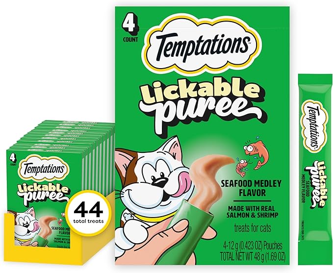 Temptations Creamy Puree Squeezable Lickable Cat Treats, Wet Cat Treats with Salmon and Shrimp, 0.42 oz. Tubes, 4 Count, Pack of 11 (44 Total)