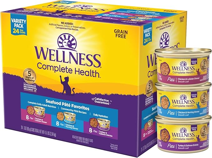 Wellness Complete Health Pate Variety Pack Adult Canned Wet Cat Food, Natural, Protein Rich, Grain Free, Seafood Favorites, 3 oz, Pack of 24 Cans