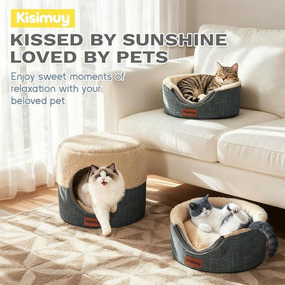 Cat Bed for Indoor Cats, 2-in-1 Convertible Cat Cave & Lounge Bed with Reversible Plush Cushion, Foldable Anti-Slip Cat House - Calming Cozy Hideaway for Kittens&Small Cats with Anxiety Relief, 15.7in