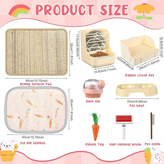 Honeydak 10 Pcs Rabbit Starter Kit Small Litter Box Bunny Grooming Kit Scratch Pads Hay Feeder Bowl Ice Pad with Bunny Toys for Guinea Pig Rabbit Accessories(Beige)