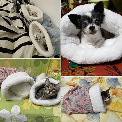 2pcs Winter Cat Sleeping Bag, Portable Warm Feline Bed,Warming, Soft Plush Cat Cave Bed Self-Sack for Indoor Cats Small Dogs 1-10kg（Pink&Blue,19.7x17.7in）