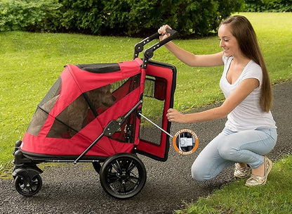 Pet Gear NO-Zip Pet Stroller with Dual Entry, Push Button Zipperless Entry for Single or Multiple Dogs/Cats, Pet Can Easily Walk in/Out, Gel-Filled Tires, Candy Red, Excursion
