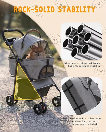 Pet Stroller with Removable Carrier, 35lbs Capacity - One-Click Foldable Dog Stroller, Cat Carrier & All-Terrain Wheels, Compact Travel Pet Stroller for Small to Medium Pets-Gray