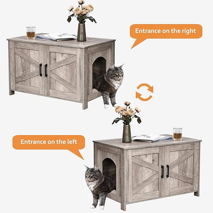 Homhedy Cat Litter Box Enclosure, Wooden Cat Washroom Furniture with Barn Door, Pet House, Fit Most of Litter Box, Greige
