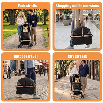 pet Stroller with Removable Carrier cat Dog Stroller with Aluminum Alloy Frame and 900D Oxford Fabric, Featuring one-Touch Folding,Includes rain Cover,for Travel, Walking,Shopping (Black)