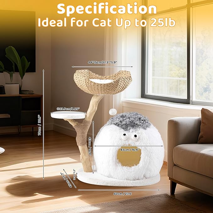 COSIEST 30.7" Modern Cat Tree for Indoor Cats, Sturdy Cat Tower with Scratching Post, Hanging Balls & MGO Trunks, Cat Condo with Woven Basket, Cute Aesthetic Cat Tree for Cats & Kittens, White