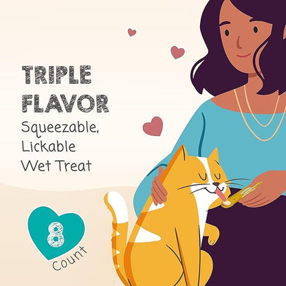 MEOWEE! Savory Spoonables with Real Chicken, Salmon and Duck for Cats, 8 Count, Treat Your Cat to Triple Flavor Squeezable Lickable Wet Treats with Built-in Spoon for Less Mess