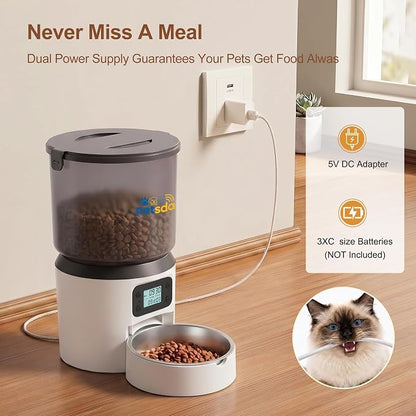 Automatic Cat Feeders, 4L Timed Cat Dry Food Dispenser Auto Pet Feeder Portion Control up to 9 Meals/Day for Cats and Small Dogs Dual Power Supply, with Stainless Bowl Fresh Food, Easy Clean