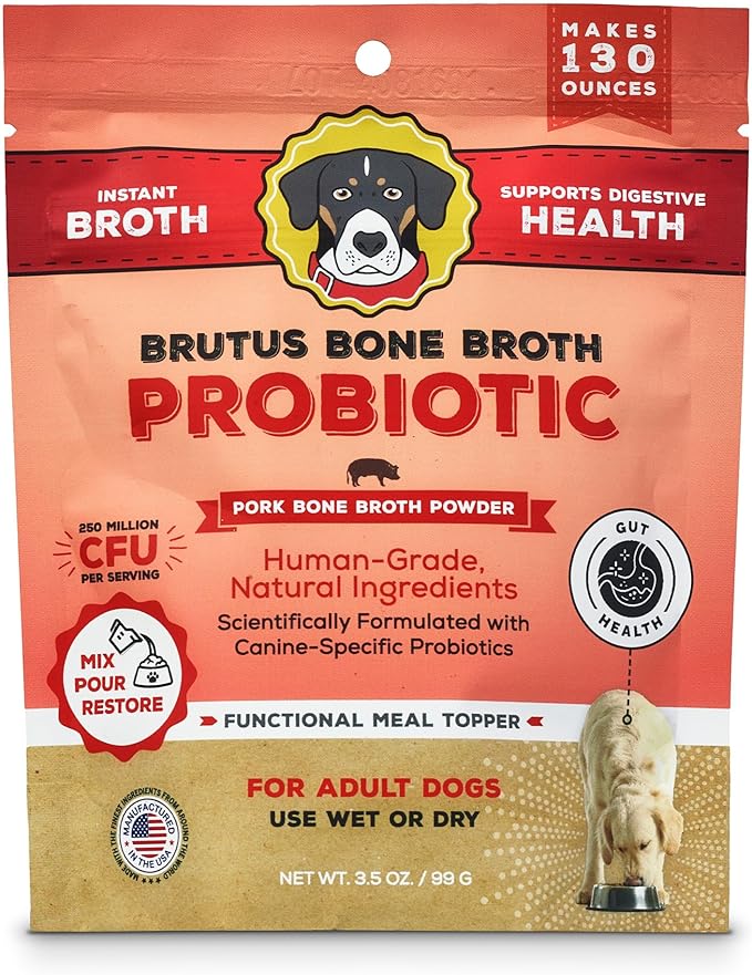 Brutus Broth Dog Food Topper - Instant Bone Broth Powder with Probiotics for Dogs’ Daily Digestive Health - Human-Grade Quality, Serve Dry or Wet - Pork Flavor, 3.5 oz (Pack of 1)