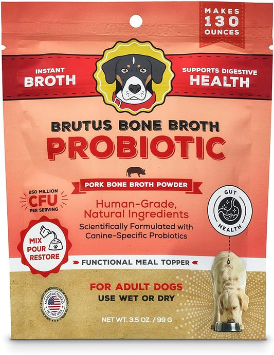 Brutus Broth Dog Food Topper - Instant Bone Broth Powder with Probiotics for Dogs’ Daily Digestive Health - Human-Grade Quality, Serve Dry or Wet - Pork Flavor, 3.5 oz (Pack of 1)