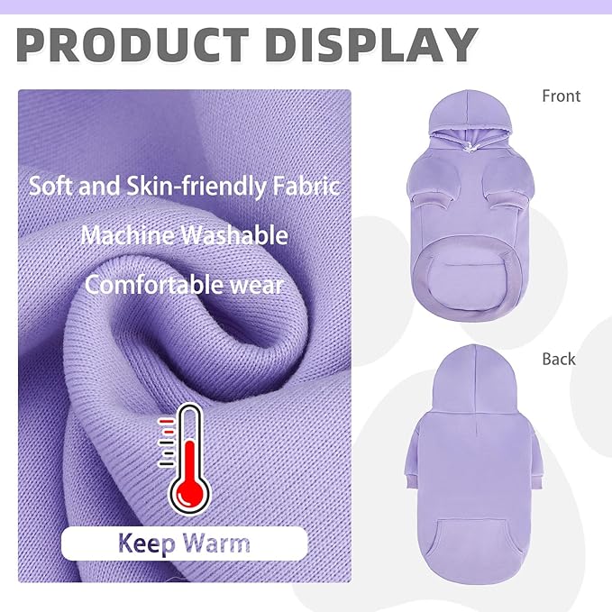 KOOLTAIL Dog Hoodie for Small Medium Dogs Cats, Soft&Warm Pet Sweater with Leash Hole and Pocket Boy Girl, Puppy Fall Winter Jacket Clothes, French Pitbull Cold Weather Coat Sweatshirt, Lavender XS