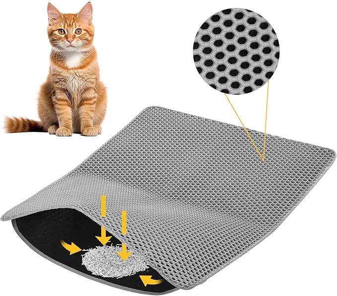 Cat Litter Mat 30x24 Inches, Honeycomb Double Layer Traps Litter & Waterproof Leatherette Bottom Prevents Urine Leaks, Durable & Easy Clean Pet Floor Protector for Cat Litter Box Area（Grey）