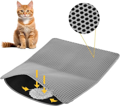 Cat Litter Mat 30x24 Inches, Honeycomb Double Layer Traps Litter & Waterproof Leatherette Bottom Prevents Urine Leaks, Durable & Easy Clean Pet Floor Protector for Cat Litter Box Area（Grey）
