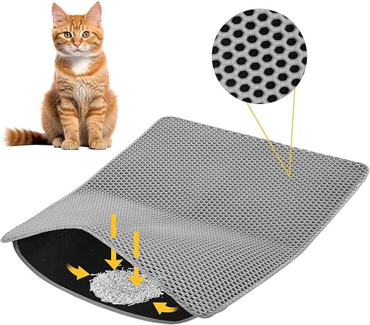Cat Litter Mat 30x24 Inches, Honeycomb Double Layer Traps Litter & Waterproof Leatherette Bottom Prevents Urine Leaks, Durable & Easy Clean Pet Floor Protector for Cat Litter Box Area（Grey）