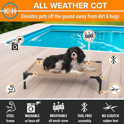 K&H Outdoor Elevated Dog Bed - Cooling Raised Dog Bed for Small & Medium Pets, Breathable Mesh Hammock Design, Indoor/Outdoor Washable Cover, Portable Metal Frame, Tan, Medium 32x25in