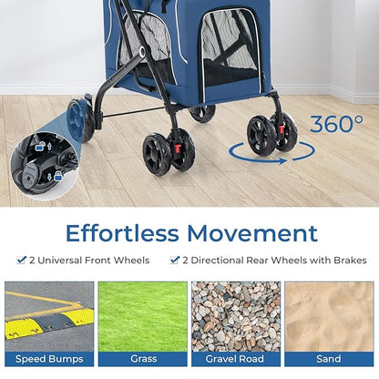 Pet Stroller with Detachable Carriers, Adjustable Cat Stroller for Small & Medium Pets, 4-in-1 Cat Carriers with Safety Belt and Lockable Wheels, Navy Blue