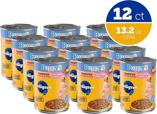 Pedigree Puppy Chopped Ground Dinner Wet Puppy Food with Chicken & Beef, Canned Dog Food, 13.2 oz. Cans, 12 Count