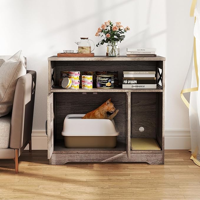 PETSITE Farmhouse Cat Litter Box Enclosure, Hidden Litter Box Enclosure Furniture with Open Storage Compartment, and Sisal Scratching Pad, Grey-Brown
