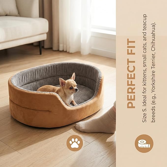 Small Dog Bed Cat Bed 16x20 Inch, Calming Pet Bed for Puppies, Teacup Dogs & Kittens, Half-Enclosed Open-Top Velvet Anti-Anxiety Bed, Machine Washable Cozy Snuggle Bed (Camel)