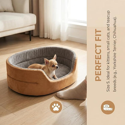 Medium Dog Bed Cat Bed 18x26 Inch, Calming Pet Bed for Small Dogs & Cats, Half-Enclosed Open-Top Velvet Anti-Anxiety Bed, Machine Washable Cozy Snuggle Bed (Camel)