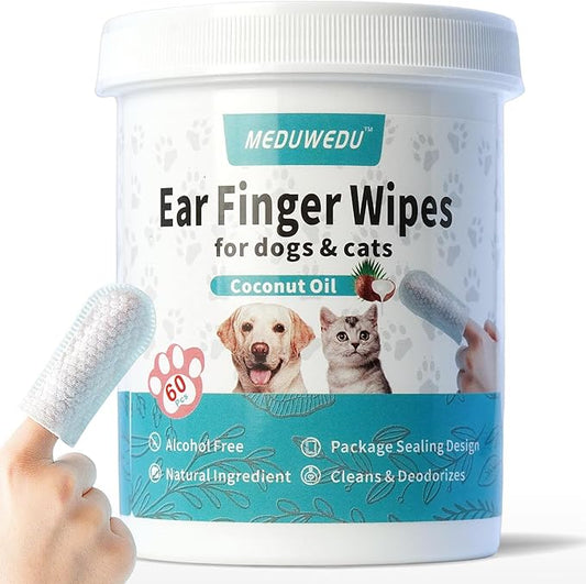 MEDUWEDU Ear Cleaner Finger Wipes 60 Counts, Dog Ear Cleaner, Grooming Kit Care for Dogs and Cats, Soft & Easy Otic Cleaning Pads, Remove Wax, Dirt & Stop Smelly, Itchy, Non-Irritating, Coconut Scent