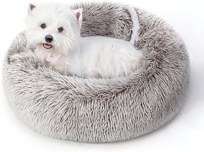 Calming Dog Bed & Cat Bed with Anti-Slip Bottom, Medium Size Washable Anti-Anxiety Donut Dog Beds for Small Dogs & Cats, Fluffy Plush Cozy Round Dog Bed(24 Inch, Brown)