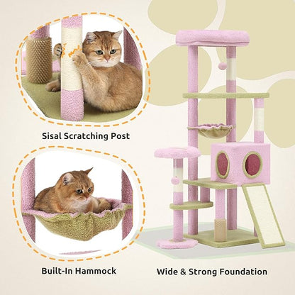 DWVO Flower Cat Tree for Large Cats: 61" Tall with Self-Grooming Brush, Cute Kitten Climbing Tower for Indoor Kittens with Cat Condo, Top Perch, Basktet, Sisal Scratching Posts, Dangling Ball