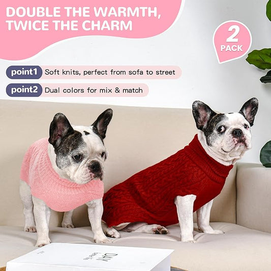 2 Pack Dog Sweaters for Medium Dogs Winter Turtleneck Pullover Cable Knit Fleece Stretch Frenchie Dachshund Pug Corgi Beagle Boy Girl Pet Clothes (L, Pink & Red)