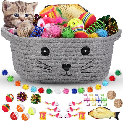 Zopeal 58 Pcs Easter Cat Storage Basket Gift Toys Set, Colorful Flashing Balls Pet Bell Crinkle Balls Spring Toys Attract Cat to Swat, Hunt, Interactive for Pet(Grey,9.8 Inch)