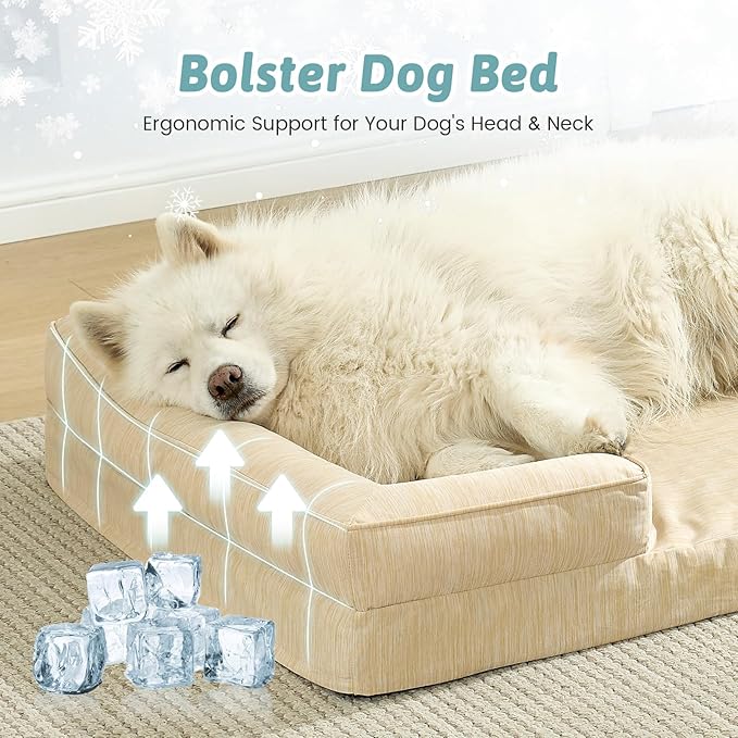 COZY KISS Cooling Dog Bed for Extra Large Dogs 44x32 inch, Q-Max >0.4 Summer Cool Orthopedic Foam Pet Sofa Bed with Sides, XL Size Bolster Anti-Slip Couch with Washable Removable Cover, Beige