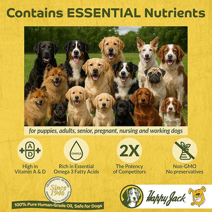 Happy Jack Cod Liver Fish Oil for Dogs Skin and Coat Supplement, Brain, Eyes, Bones, Hip, Joint, Heart & Immune System Health, Energy Booster (16 oz), Omega 3 with EPA & DHA, Vitamin A & D