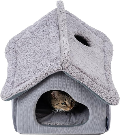 Pelzin Cat Houses for Indoor Cats - Large Cat Cave Bed with Removable Support Foam and Washable 2-Side Mat - Covered Cat Bed for Cat Hideaway - Enclosed Cat Hideout for Kitten and Small Pet, Grey