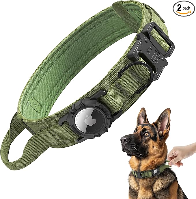 Tactical AirTag Dog Collar - Heavy Duty, Adjustable GPS Collar | Compatible with Apple AirTag, with Holder & Control Handle for Medium/Large Dogs [ Green, M ]
