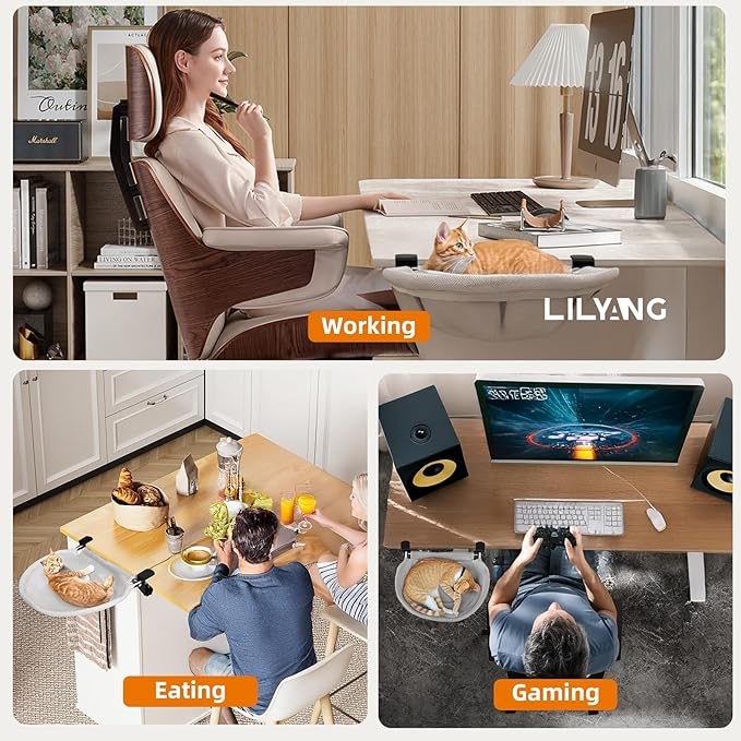 Lilyang Large Cat Desk Bed – Sunken Cat Hammock, 19.5"x15" Spacious Zone, Secure Bed with Dual Clamps & Steel Frame, Supports Up to 50 lbs, Reversible & Washable Bed Cover