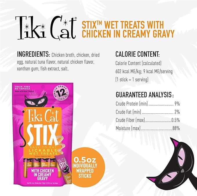 Tiki Cat Stix Mousse Treats, Single Serve Indulgent Lickable Treat or Dry Food Topper, with Chicken in Creamy Gravy, 0.5 oz. Servings (12 Count)