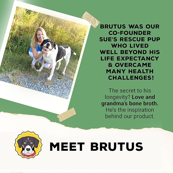 Brutus Broth Dog Food Topper - Instant Broth Powder with Omegas 3,6,9 from Microalgae Oil for Skin and Coat - Human-Grade Quality, Serve Dry or Wet - Vegetable Flavor, 3.5 oz (Pack of 1)