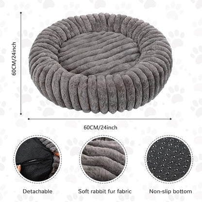 Cat Bed for Indoor Cats, 24 inch Calming Cat Bed with Ultra Soft Plush, Machine Washable Round Anti-Anxiety Pet Bed for Large Cats and Small Dogs, Grey