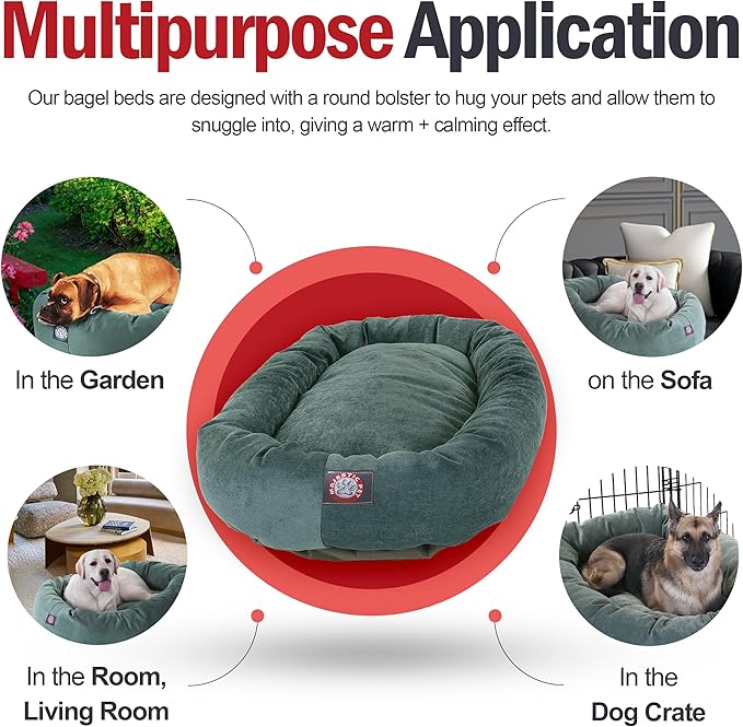 Majestic Pet 40 Inch Micro Velvet Calming Dog Bed Washable – Cozy Soft Round Dog Bed with Spine for Head Support - Fluffy Donut Dog Bed 40x29x9 (inch) – Round Pet Bed Large – Azure