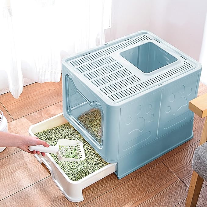 Panghuhu88 Foldable Cat Litter Box with Lid, Large Top Entry Cat Toilet, Enclosed Cats Potty with Litter Scoop, Drawer Type Easy Clean Cats Litter Pan(Blue)