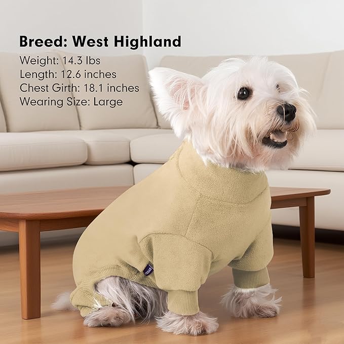 cyeollo XS Dog Pajamas, Warm Dog Pjs Turtleneck Dog Sweater Doggie Onesie Soft Stretchy Sweaters for Small Dogs Winter Dogs Coat Pet Jammies Clothes for Puppy Female & Male, Beige XS