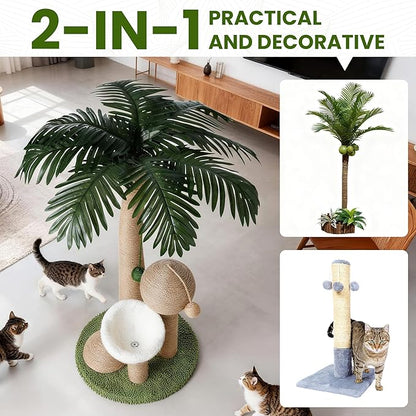 43 Inches Tall Cat Scratching Post for Large Cat, Coconut Tree Shaped Sisal Scratcher for Indoor Cat with Pompoms