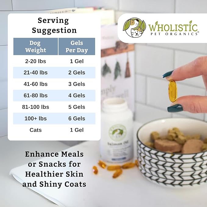 Wholistic Pet Organics Wild Alaskan Salmon Oil for Dogs and Cats - Omega 3 Fish Oil for Dogs & Cats - Cat & Dog Skin and Coat Supplement, Heart and Joint Health - DHA, EPA Omega 3 6 9-500 Soft Gels