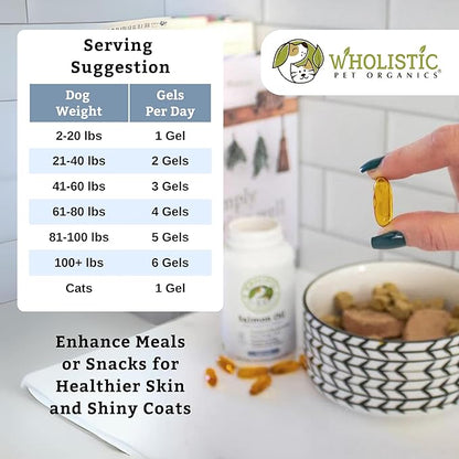 Wholistic Pet Organics Wild Alaskan Salmon Oil for Dogs and Cats - Omega 3 Fish Oil for Dogs & Cats - Cat & Dog Skin and Coat Supplement, Heart and Joint Health - DHA, EPA Omega 3 6 9-100 Soft Gels