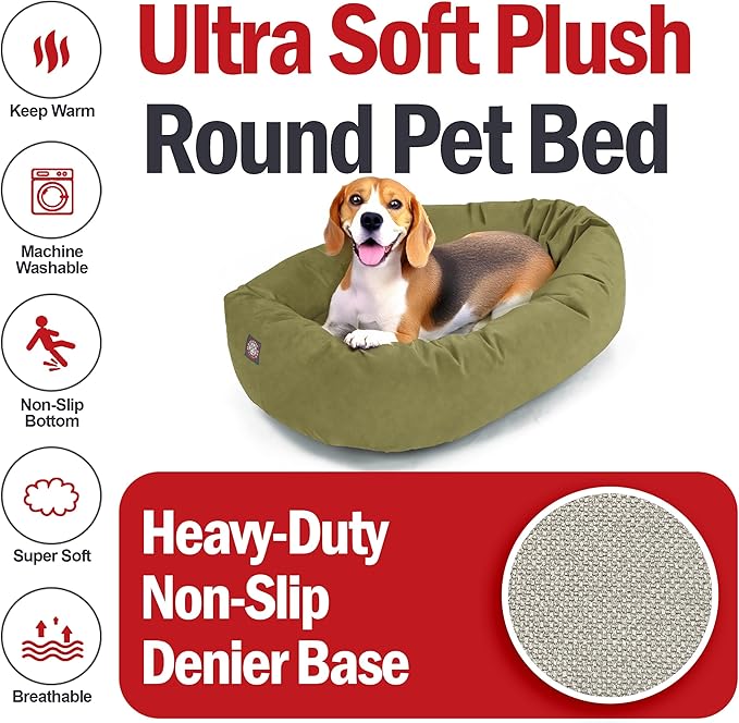 Majestic Pet 32 Inch Suede Calming Dog Bed Washable – Cozy Soft Round Dog Bed with Spine Support for Dogs to Rest Their Head - Fluffy Donut Dog Bed 32x23x7 (Inch) - Round Pet Bed Medium – Sage (2025)