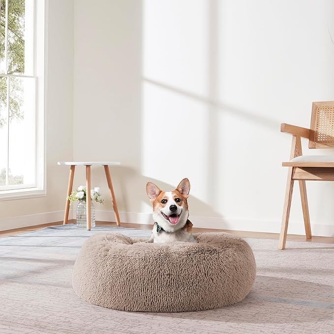 Dog & Cat Bed: Round Faux Fur Pet Bed - Plush, Cozy, & Calming Donut Bed for Small Pets - Soft & Comfortable Sleeping Cushion for Napping & Lounging, 20" Round, Taupe