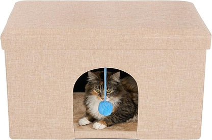 Furhaven Pet House for Indoor Cats & Medium/Small Dogs, Collapsible & Foldable w/Plush Ball Toy - Living Room Ottoman Cat Condo - Sand, Large