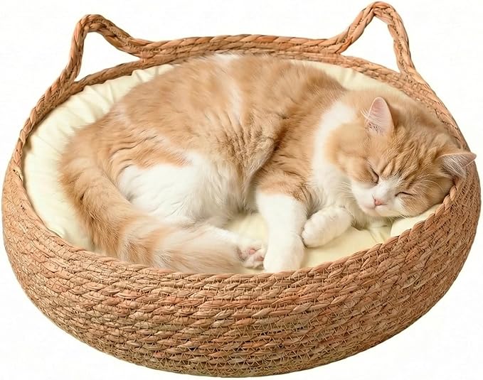 17" Woven Cat Basket Bed for Cats, Pet House with Cooling Mat & Soft Cushion for All Seasons - Washable, Handmade Braided Cattail Leaf, Boho Style, Cream White